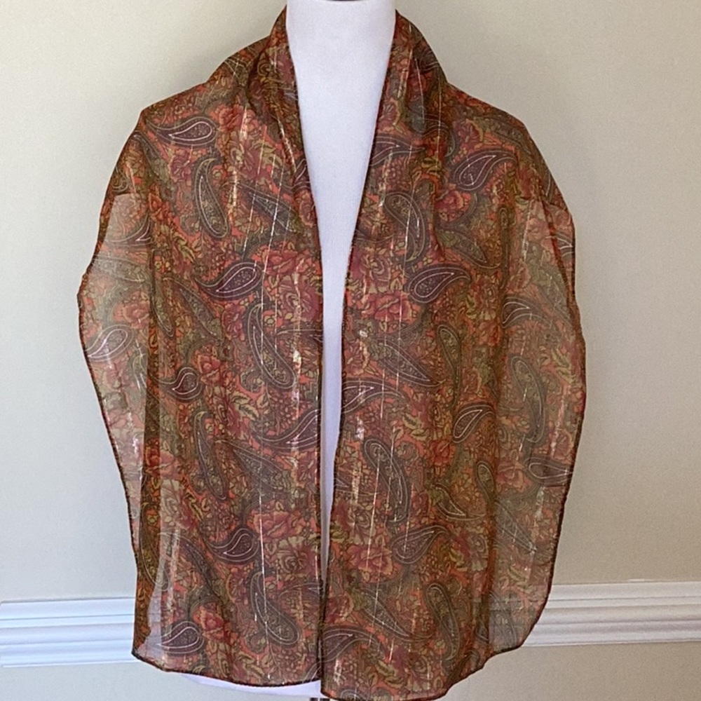 13.5”x 59” oblong paisley scarf in orangegreengolds with silver accent